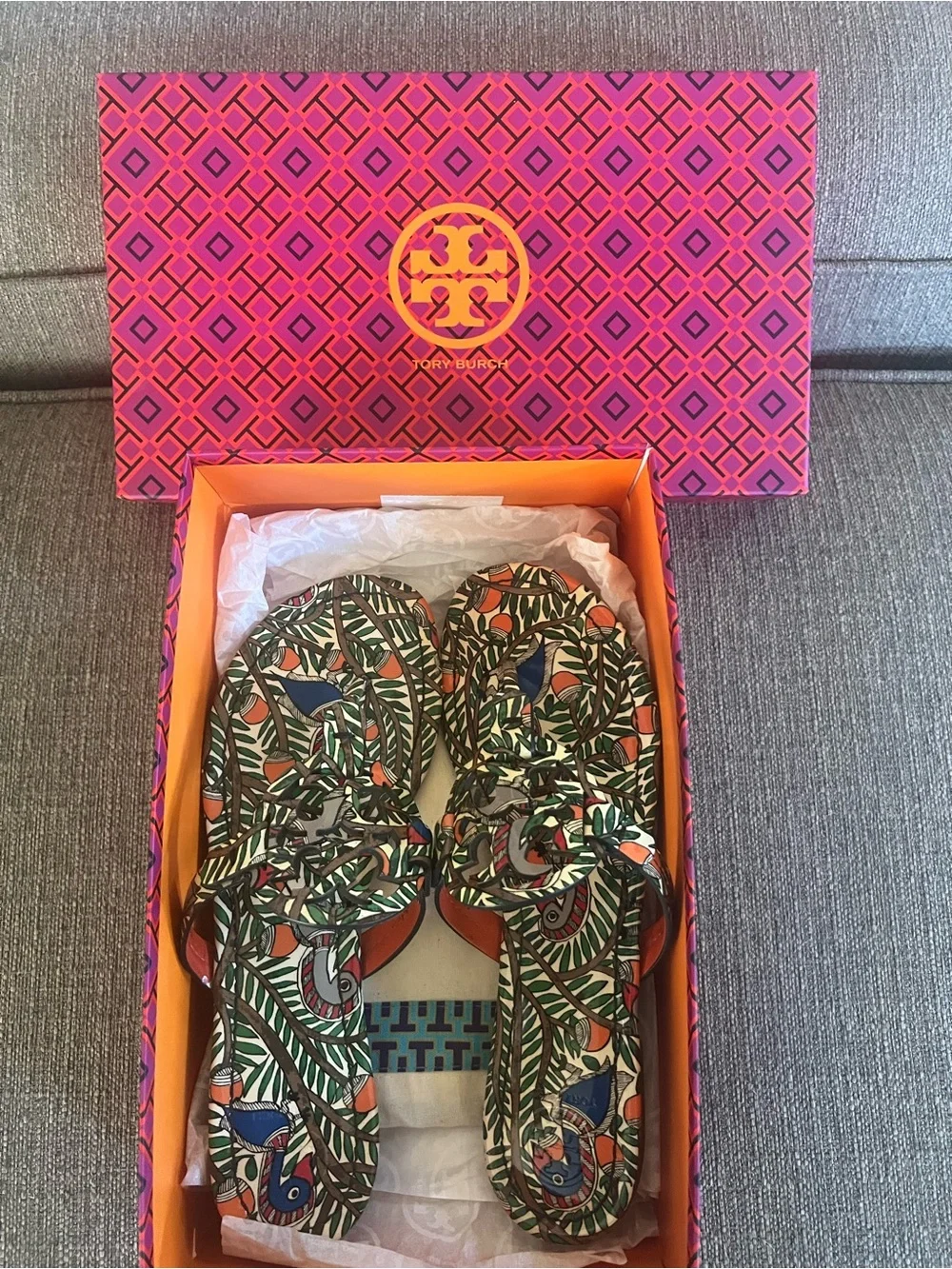 Tory Burch Multicolor Botanical Print Miller Sandals - Green, Orange, Blue 8.5